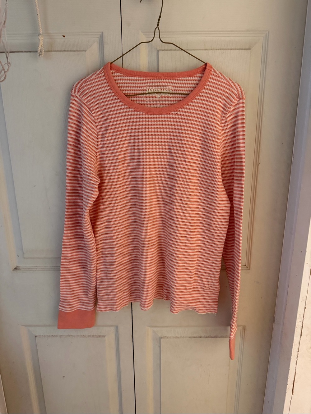 American Eagle Outfitters Coral and White Striped Crewneck Sweater